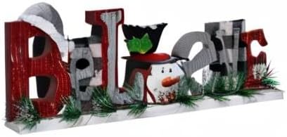 E-View Wooden Snowman Believe Sign, Classic Red Christmas Decor, Tabletop Sign for Home, Shelf, Fireplace, Mantel