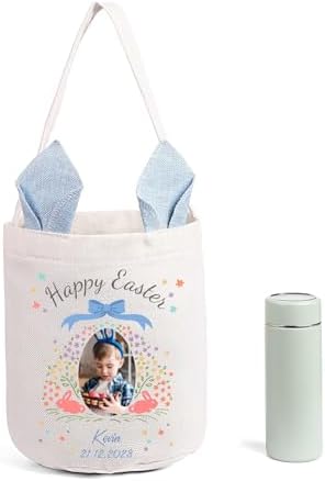 Personalized Bunny Ears Bucket Bag with Custom Name Photo-Easter Bag with Handle-Soft Egg Basket for Kids -Customized Easter Basket-Great for Carrying Gift Easter Eggs (Blue-Photo) - Image 7