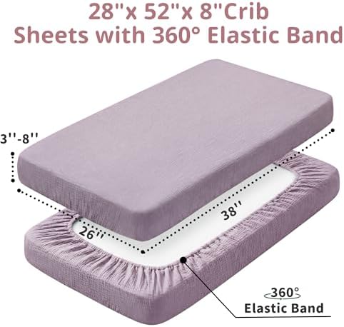Pro Goleem Muslin Pack n Play Sheets for Girls, Soft Breathable Cotton Fitted Mini Crib Sheets, Baby Sheets for Playard Mattress, 2 Pack (Pink&Purple) - Image 7