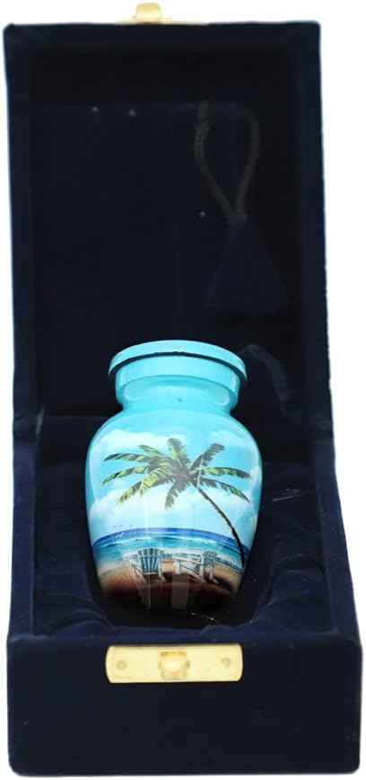 HLC Blue Beach Small Keepsake - Keepsake Urn with 1 Velvet Box Bag-Mini Keepsake Urn - Ashes Urn 3" H x 2.5" W x 2.5" L