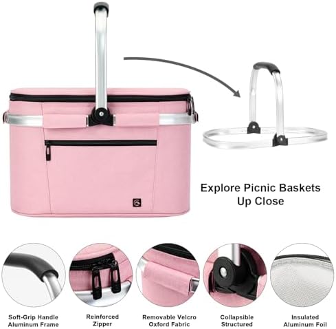 ALLCAMP Picnic Basket, 22L Insulated Cooler Foldable, Thick, Pink - Image 6