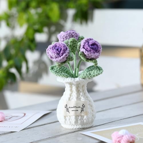 Crochet Rose Flower Potted Plant – Purple, Valentines Day Gift for Her, Handmade Knitted Romantic Desk Decor - Image 5