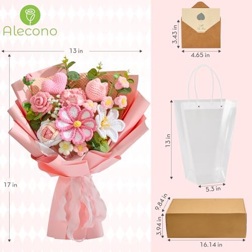 Alecono Large Pink Crochet Flower Bouquet Handmade Knitted Tulip Floral - Image 6