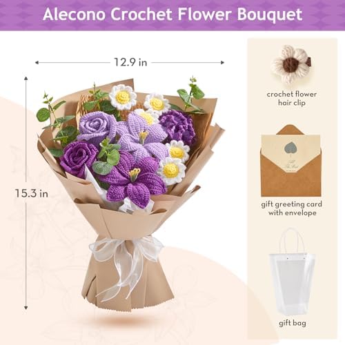 Alecono Large Purple Crochet Flower Bouquet Knitted Lily Floral Set - Image 6