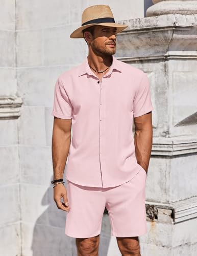 COOFANDY Men's Summer Beach Outfits 2 Piece Short Sleeve Shirts and Shorts Vacation Texture Linen Sets for Men - Image 6