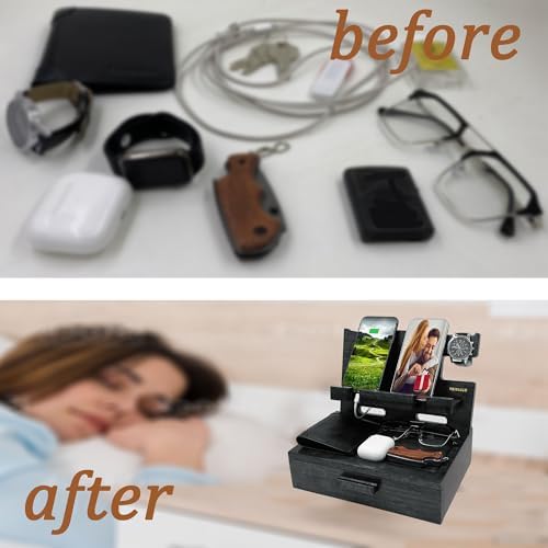 VEIYAILU Gifts for Him Husband Boyfriend Son Men Nightstand Organizer Wood Phone Docking Station Birthday Gifts (Black) - Image 7