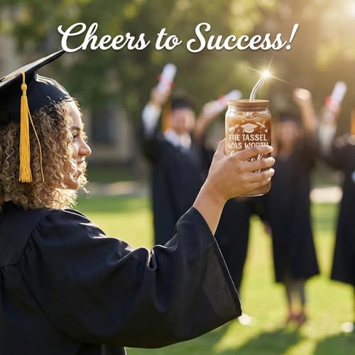 Class of 2026 Graduation Glass Cup with Lid & Straw – “The Tassel was Worth The Hassle” Iced Coffee Glass, 16oz Frosted Can-Shaped Cup, Senior Graduation Gift for Him Her, Graduate Party Drinkware - Image 7