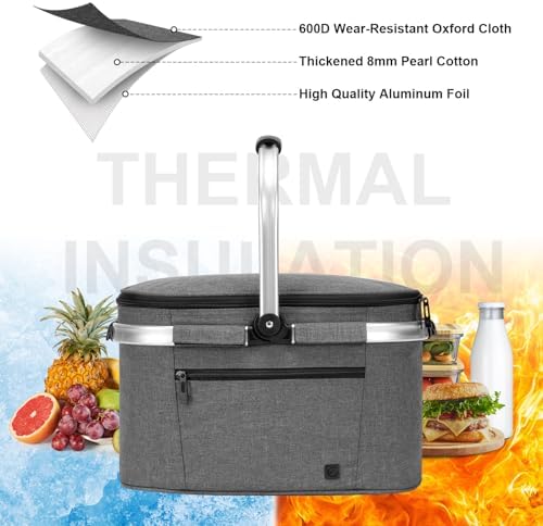 ALLCAMP Insulated Cooler Bag Portable Collapsible Picnic Basket Cooler Bag Collapsible, Leakproof, Lightweightwith Sewn in Frame (Medium Gray) - Image 6