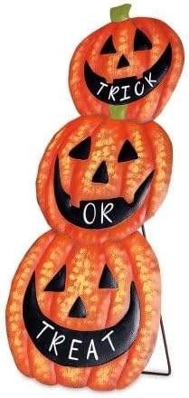 Lillian Vernon Halloween Pumpkin Standing & Hanging Sign for Shelf, Table, or Wall, Seasonal Tabletop Decorations & Rustic Indoor Home Decor, 20” Long, MDF & Metal