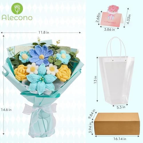 Alecono Blue and Yellow Crochet Flower Bouquet Handmade Knitted Lily Floral - Image 7