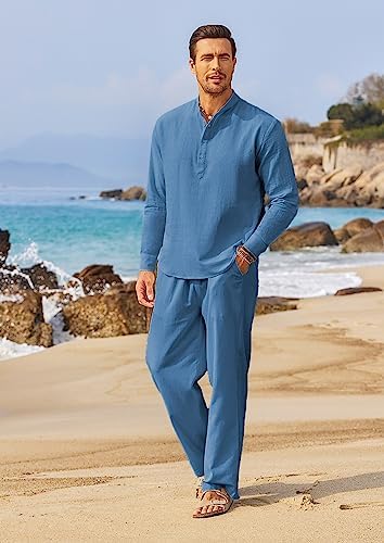 COOFANDY Men’s 2 Piece Cotton Linen Set Casual Beach Outfits Long Sleeve - Image 6