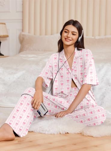 Ekouaer Women Pajamas Set Button Down Sleepwear Short Sleeve Pjs Long Pants - Image 4
