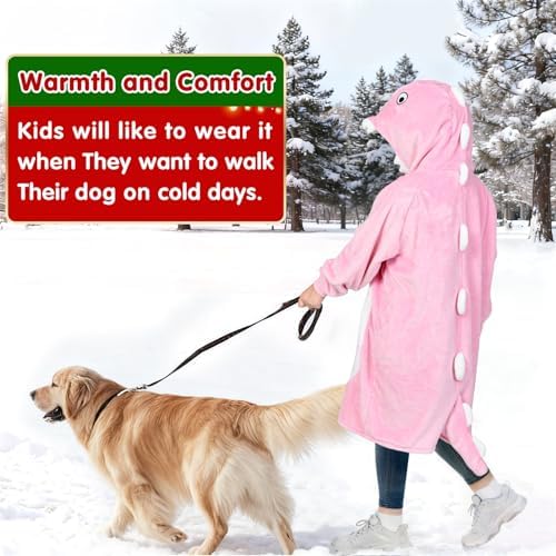 Waitu Dinosaur Wearable Blanket Hoodie Funny Halloween Costumes Gifts for Women Men Boys Girls, Zipper Hoodie Blanket Sweatshirt Cozy Unisex Flannel Dinosaur Costume Cute Gifts (Kids, Bright Pink) - Image 6