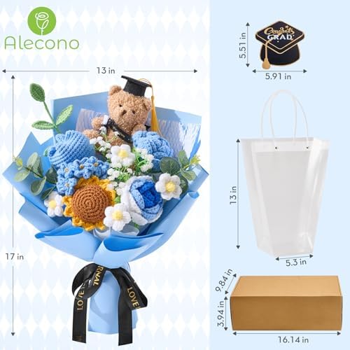 Alecono Blue Graduation Crochet Flower Bouquet Handmade Floral - Image 7