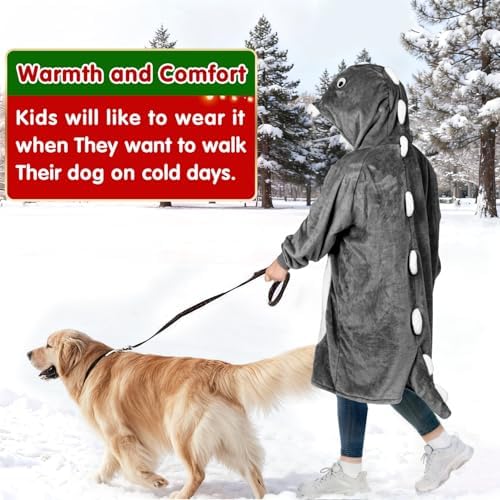 Waitu Dinosaur Wearable Blanket Hoodie Funny Halloween Costumes Gifts for Women Men Boys Girls, Zipper Hoodie Blanket Sweatshirt Cozy Unisex Flannel Dinosaur Costume Cute Gifts (Kids, Gray) - Image 6