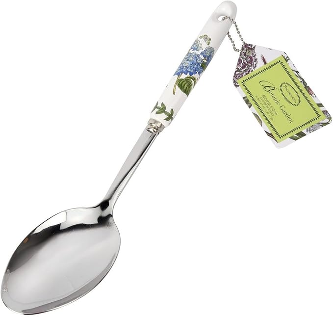Portmeirion Botanic Garden 12.5" Serving Spoon, Hydrangea Motif - Porcelain Handle & Stainless Steel, Chip-Resistant Glaze - Ideal Kitchen Tool for Cooking & Serving - Everyday Kitchen Tools