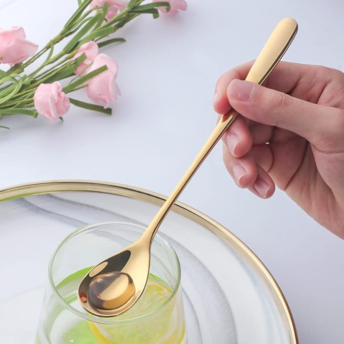 Buyer Star 8-Inch Long Handle Iced Tea Spoons, Ice Cream Spoon, Stainless Steel Cocktail Stirring Spoons, Set of 8 (Gold)