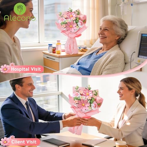 Alecono Crochet Flower Bouquet, Pink Handmade Knitted Flowers, Crochet Tulips Galsang Flower for Mother's Day Anniversary Birthday Graduation Lover Valentines Day Gifts (with Card) - Image 6
