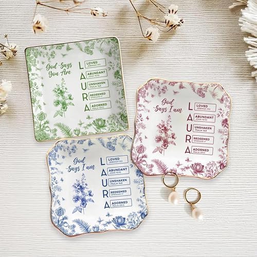 LOVELYPOD Personalized Christian Name Jewelry Tray with Bible Verses, Ring Holder Dish, Custom Scripture Gift for Women, God Says I Am Toile De Jouy, Faith Home Decor, Religious Gift - Image 6