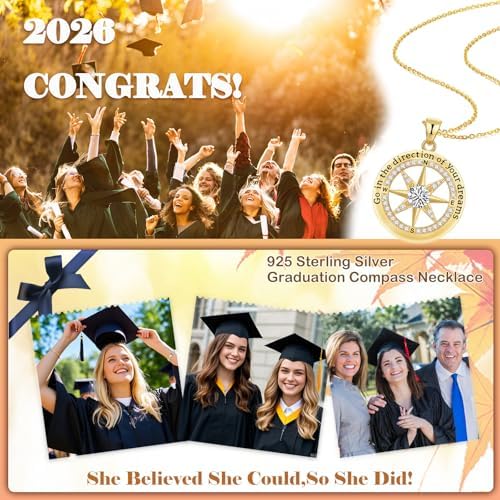 2026 Graduation Gifts for Her-925 Sterling Silver Graduation Compass Necklace College Graduation Gifts for Women Her Granddaughter Daughter 2026 - Image 7