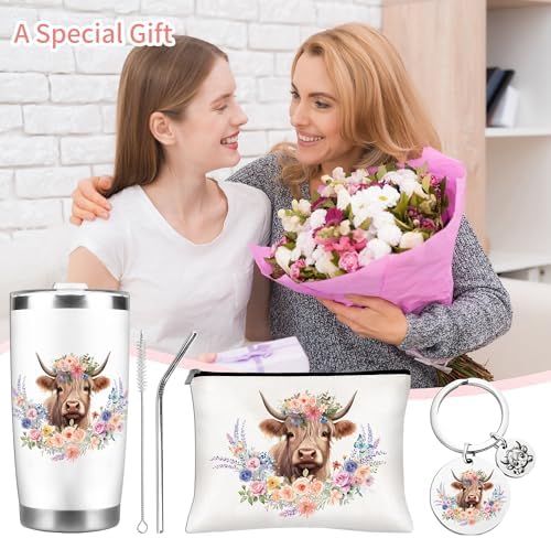 CRASHOT Highland Cow Gifts for Women, Highland Cow Gift, Includes 20 oz Tumbler Cosmetic & Keychain, Birthday Thanksgiving Christmas Surprise for Girls Sister Daughter Best Friends - Image 7