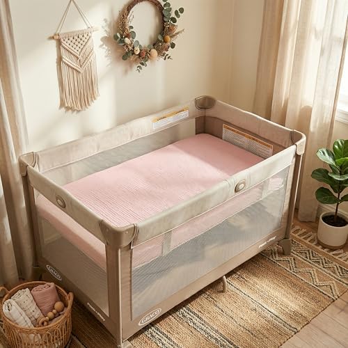 Muslin Pack and Play Sheet, 100% Cotton Playard Sheet (39"x27"), Breathable & Soft Mattress Pad Cover, Boho Pink for Girls(1 Pack) - Image 6