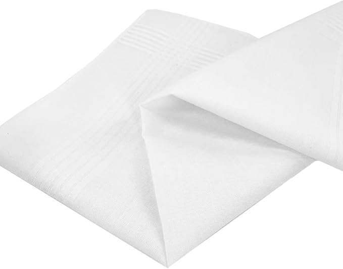 Mens White Handkerchief with Stripe,16" by 16” Soft Hankies (White 12)