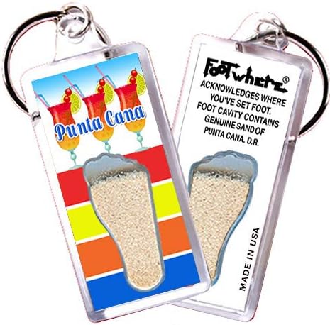 FootWhere Punta Cana Keychains. 6 Piece Set. Authentic Destination Souvenir acknowledging Where You've Set Foot. Genuine Soil of Featured Location encased Inside Foot Cavity. Made in USA