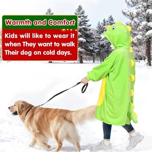 Waitu Dinosaur Wearable Blanket Hoodie Funny Halloween Costumes Gifts for Women Men Boys Girls, Zipper Hoodie Blanket Sweatshirt Cozy Unisex Flannel Dinosaur Costume Cute Gifts (Kids, Green) - Image 6
