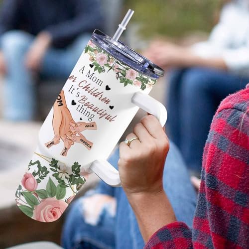 Gifts for Mom from Daughter Son, Personalized Mama Bear Tumbler with Handle and Straw, Custom Mom Coffee Tumbler with Kids Names, Personalized Mothers Day Gift for Women, Her, New Mom, Grandma - Image 5
