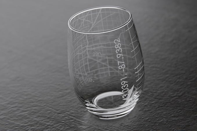 Well Told Engraved Milwaukee Wisconsin Map Stemless Wine Glass, Etched Glass (15 oz, Clear) City Custom Gifts for Lovers