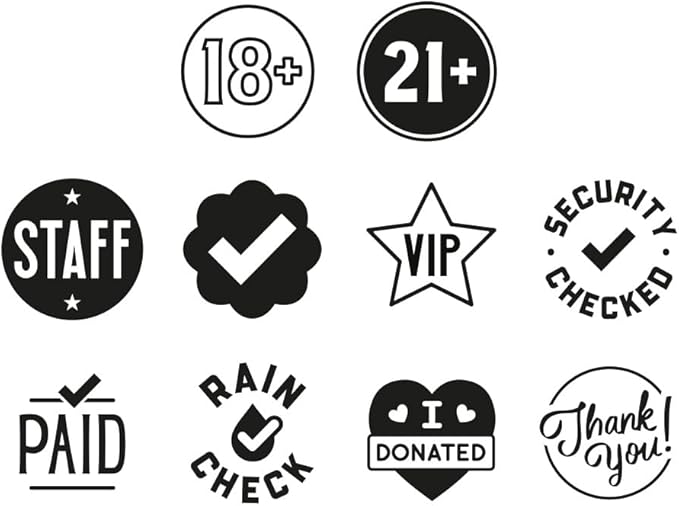 COLOP Printer R17 Event Hand Stamp Set with UV Ink, Special Event Supplies, Multiple Designs, Self-Inking, 10 Designs, 2 Stamps, Perfect for Festivals, Concerts, Bars