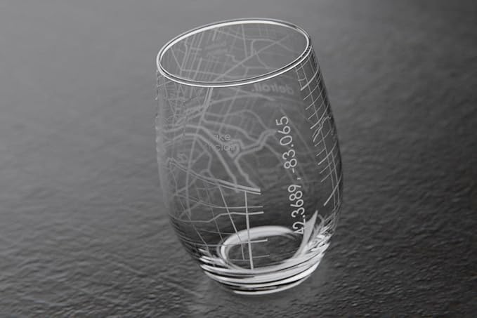 Well Told Engraved Detroit Michigan Map Stemless Wine Glass, Etched Glass (15 oz, Clear) City Custom Gifts for Lovers