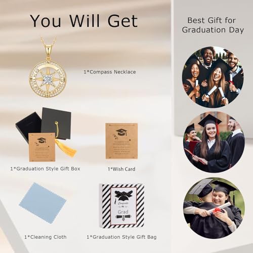 Mkhhy Compass Necklace for Women, Gifts Graduation for Her, Inspirational Graduates Jewelry, Class of Senior High School College Graduation Gifts for Friends with Congrats Grad Box and Gift Card - Image 6