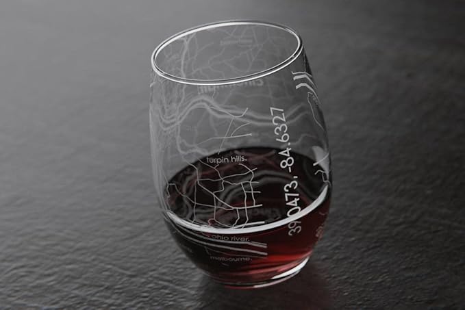 Well Told Engraved Cincinnati Ohio Map Stemless Wine Glass, Etched Glass (15 oz, Clear) City Custom Gifts for Lovers