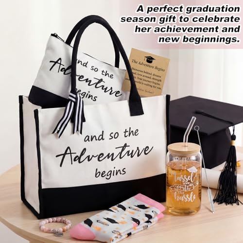 Thyle 6 Pcs Graduation Gifts for Her 2026 College Congratulations Grad Gifts for Women and So the Adventure Begins Tote Bag Makeup Bag Socks Bracelet Card Cup for Women High School Daughter Friends - Image 6