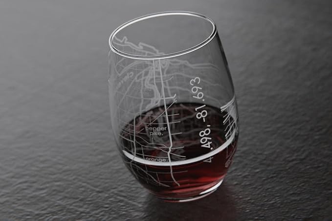 Well Told Engraved Cleveland Ohio Map Stemless Wine Glass, Etched Glass (15 oz, Clear) City Custom Gifts for Lovers