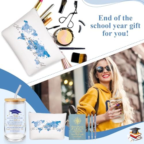Domensi 6 Pcs Class of 2026 Graduation Gift for Her 16oz Glass Cup Makeup Bag Compass Journal Ballpoint Pens Inspirational Graduation Gift Set for College High School Daughter Sister Friend(Blue) - Image 6