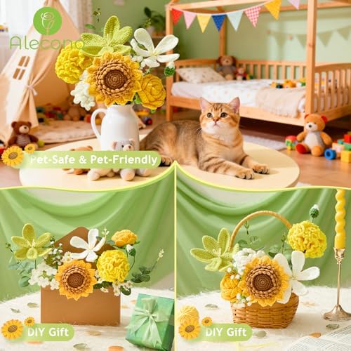 Alecono Green Crochet Flower Bouquet Handmade Sunflower Floral - Image 6
