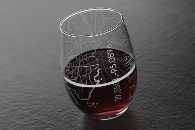 Well Told Engraved Houston Texas Map Stemless Wine Glass, Etched Glass (15 oz, Clear) City Custom Gifts for Lovers