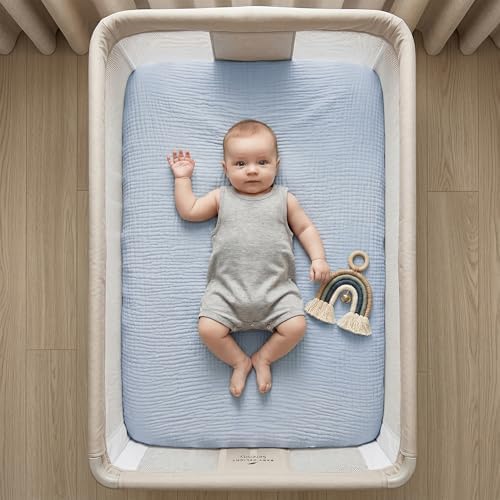 Muslin Bassinet Sheet Compatible with Maxi-Cosi Iora & Iora Air Bedside Sleeper - 100% Cotton Rectangular Mattress Pad Cover (33"x20"), Breathable & Soft, Boho (1 Pack Blue) - Image 7