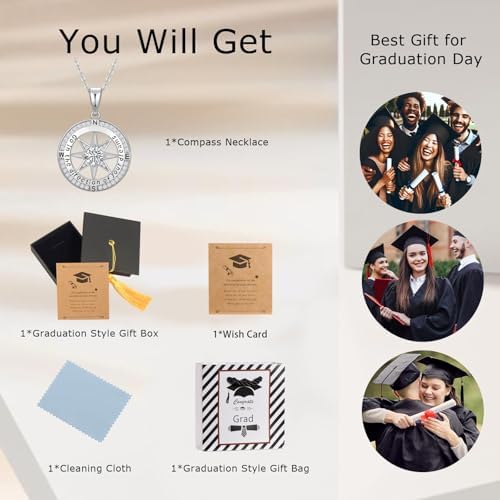 Mkhhy Compass Necklace for Women, Gifts Graduation for Her, Inspirational Graduates Jewelry, Class of Senior High School College Graduation Gifts for Friends with Congrats Grad Box and Gift Card - Image 6