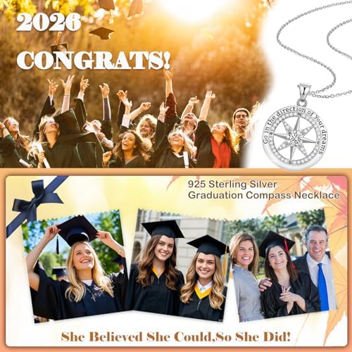 2026 Graduation Gifts for Her-925 Sterling Silver Graduation Compass Necklace College Graduation Gifts for Women Her Granddaughter Daughter 2026 - Image 7