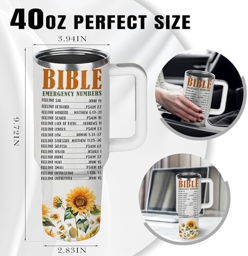 Sunflower Christian Gifts for Women, 40 oz Bible Emergency Numbers Tumbler with Lid and Straw, Inspirational Religious Birthday Gifts for You are Cup Christian - Image 7