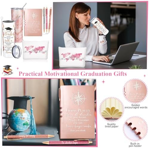 Domensi 6 Pcs Class of 2026 Graduation Gifts for Her Women Rose Pink 20 oz Tumbler Makeup Bag Journal Ballpoint Pen Inspirational Graduation Gifts Set for College High School Daughter Sister Friend - Image 6