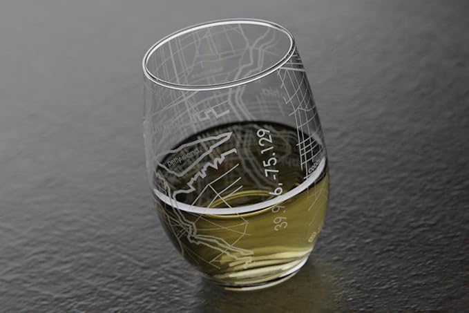 Well Told Engraved Philadelphia Pennsylvania Map Stemless Wine Glass, Etched Glass (15 oz, Clear) City Custom Gifts for Lovers