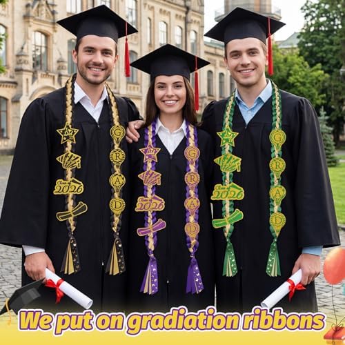 Class of 2026 Graduation Leis,Golden&Purple Double Ribbon Lei Set,Handmade 8Pcs Graduation Charms Accessory,Graduation Gift for Her Him - Image 6