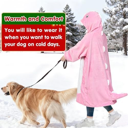 Waitu Dinosaur Wearable Blanket Hoodie Funny Halloween Costumes Gifts for Women Men Boys Girls, Zipper Hoodie Blanket Sweatshirt Cozy Unisex Flannel Dinosaur Costume Cute Gifts (Adult, Bright Pink) - Image 6