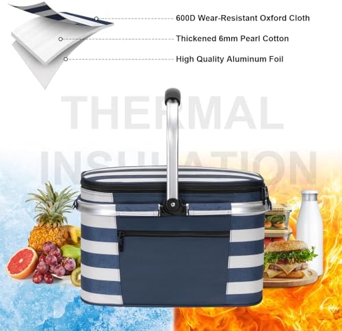 ALLCAMP Picnic Basket, 22L Insulated Cooler Foldable, Thick, Blue White - Image 6
