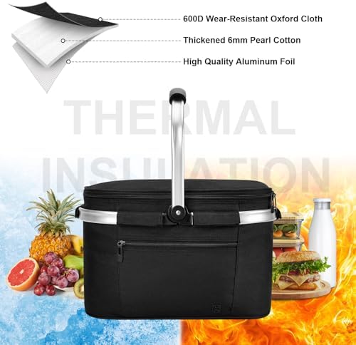 ALLCAMP Picnic Basket, 22L Insulated Cooler Foldable, Thick, Black - Image 6